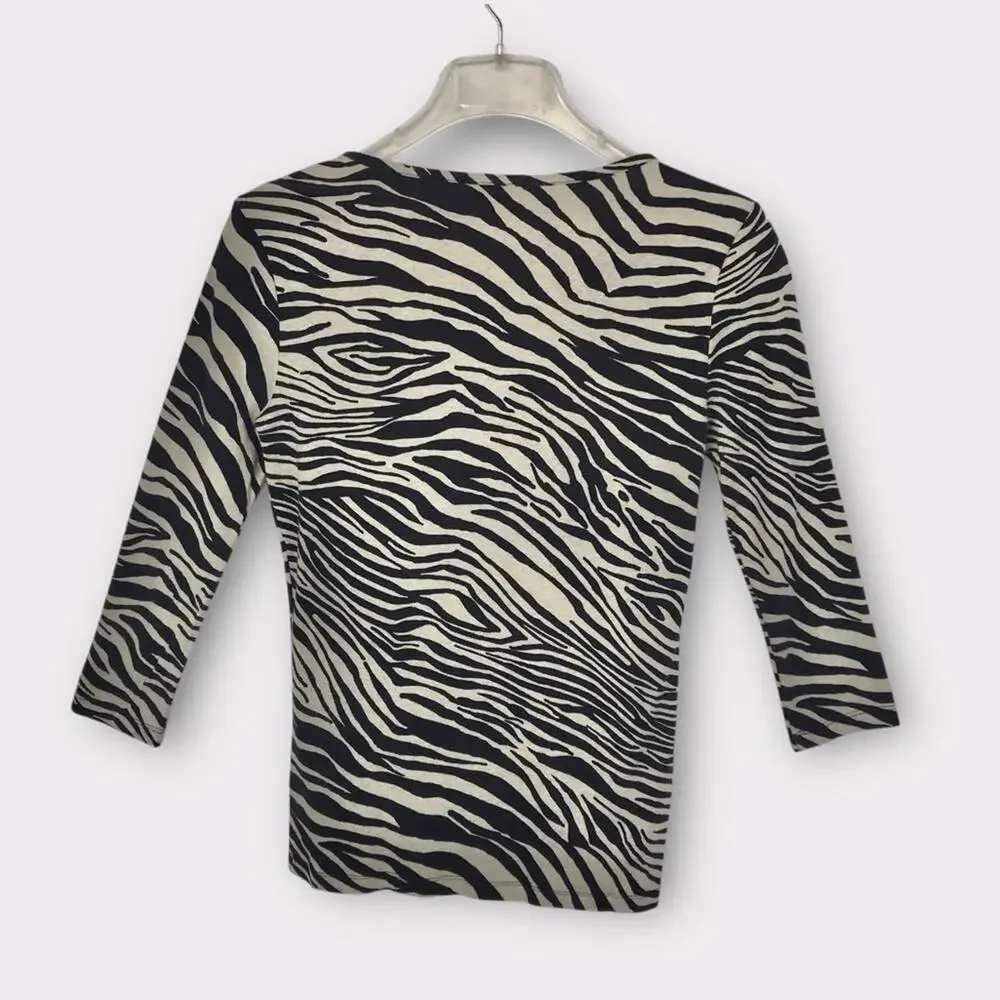 Jones NY Zebra Animal Print Tee Shirt 100% Cotton 3/4 Sleeve Top - Picture 3 of 5
